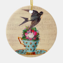 Oiseau vintage, roses, et tasse de thé décoration de noël