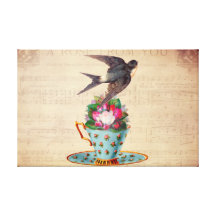Oiseau vintage, roses, et tasse de thé toiles tendues sur châssis