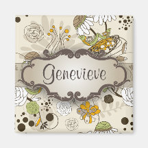 Oiseaux et fleurs verts sur Tan avec la plaque sig Aimants