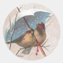 Oiseaux sous le parapluie bleu autocollants ronds