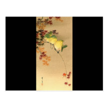 Oiseaux verts sur l'arbre d'érable, art japonais c cartes postales