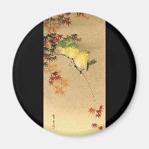 Oiseaux verts sur l'arbre d'érable, art japonais c aimant pour réfrigérateur