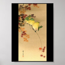 Oiseaux verts sur l'arbre d'érable, art japonais c poster