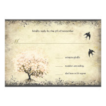 Oiseaux vintages d'arbre de rose de feuille de coe cartons d'invitation