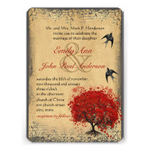 Oiseaux vintages d'arbre rouge de feuille de coeur