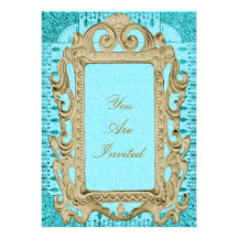 Or de cadre de tableau et invitations bleues de ma