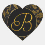 Or du monogramme B et joint noir de mariage damass Autocollants En Cœur