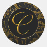 Or du monogramme C et joint noir de mariage damass Adhésif Rond