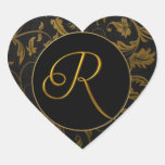 Or du monogramme R et joint noir de mariage damass Autocollants En Cœur