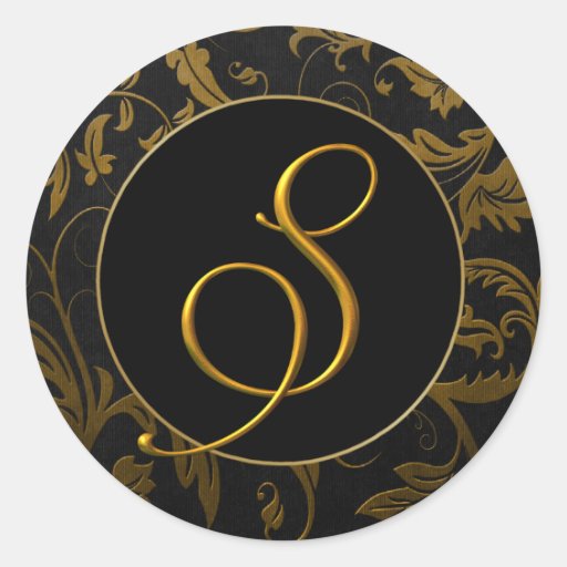 Or du monogramme S et joint noir de mariage damass Adhésifs Ronds