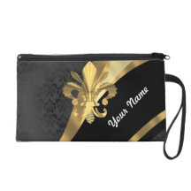 Or fleur de lys sur le noir pochette avec dragonne