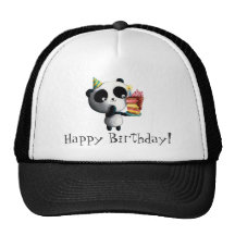 Panda mignon d'anniversaire avec le gâteau casquettes de camionneur