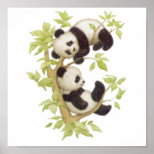 Pandas jouant dans un arbre affiche