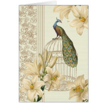 Paon et lis vintages sophistiqués de cage carte de vœux