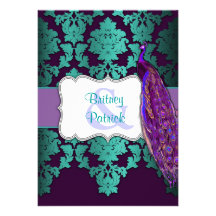 Paon pourpre et invitations turquoises de mariage 