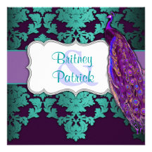 Paon pourpre et invitations turquoises de mariage 