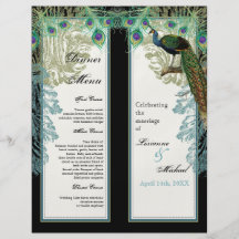 Paon vintage, plumes, 2, feuille de menu de dîner tract customisé