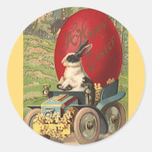 Pâques drôle vintage, automobile d'oeufs de lapin autocollants ronds