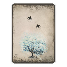 Parchemin vintage d'argent d'oiseau d'arbre bleu d faire-parts