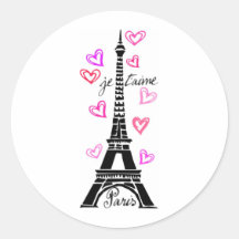 PARIS JE T'AIME EIFFEL ET COEURS ROSES AUTOCOLLANTS