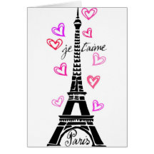 PARIS JE T'AIME EIFFEL ET COEURS ROSES CARTES DE VŒUX