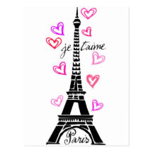 PARIS JE T'AIME EIFFEL ET COEURS ROSES CARTES POSTALES