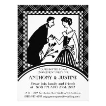 Partie de fiançailles noire et blanche de Clipart  Invitations