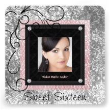 Partie noire rose argentée du bonbon 16 à photo de invitation personnalisable
