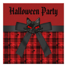 Partie rouge de Halloween de chat noir et de plaid Faire-parts