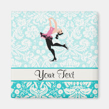 Patinage de glace turquoise de motif de damassé aimant pour réfrigérateur