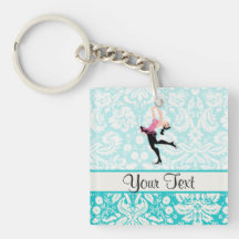 Patinage de glace turquoise de motif de damassé porteclés