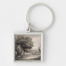 Paysage boisé avec des chariots et des figures (gr porte-clés