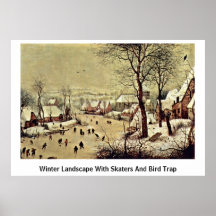 Paysage d'hiver avec les patineurs et le piège d'o posters