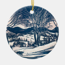 Paysage vintage de Noël, montagnes d'arbres de nei Ornement De Noël