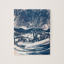 Paysage vintage de Noël, montagnes d'arbres de nei Puzzle