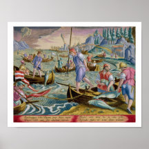 Pêche avec des filets et des tridents dans la baie posters