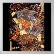 Peinture tuante samouraï de Tengu/oiseau, C. 1800' Affiches