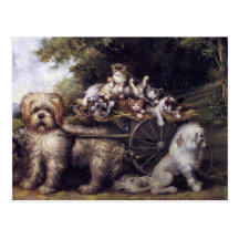 Peinture vintage des chiens et des chats voyageant cartes postales