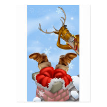 Père Noël dans la cheminée et le renne Cartes Postales