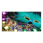 Perles de mardi gras et masque vert de plume modèle pour photocarte