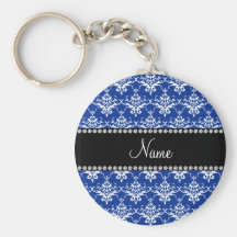 Personalized name blue and white damask keychains
