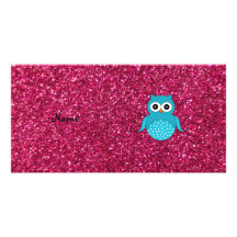 Personalized name blue owl pink glitter photo cards