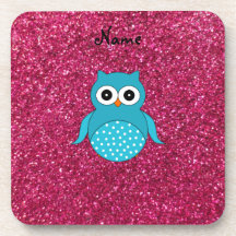 Personalized name blue owl pink glitter drink coasters
