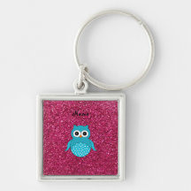 Personalized name blue owl pink glitter keychains