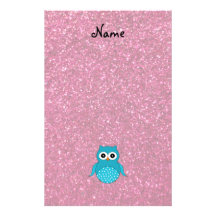 Personalized name blue owl pink glitter stationery paper