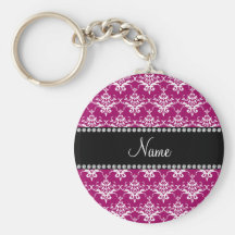 Personalized name magenta pink damask key chains