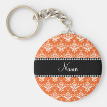 Personalized name orange white damask keychains