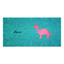 Personalized name Pink dinosaur turquoise glitter Custom Photo Card