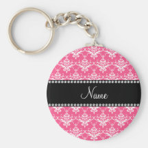 Personalized name pink white damask key chain