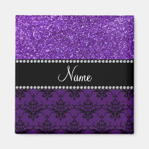 Personalized name purple glitter damask magnets